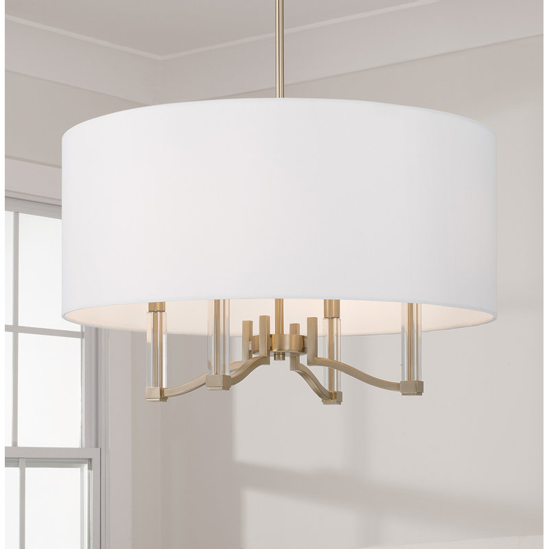 Matte Brass Drum Pendant with White Fabric Shade
