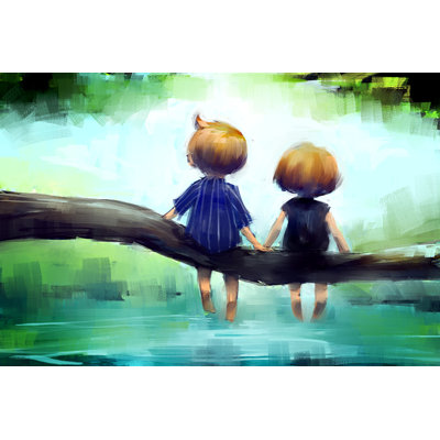 Young Couple Sitting On A Log In The Water - Wrapped Canvas Painting