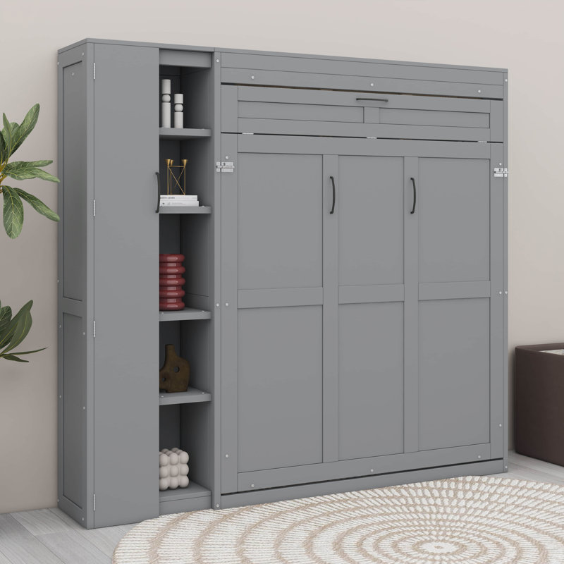 Lit escamotable mural avec rangement intégré, tablettes et éclairage décoratif DEL, Gris