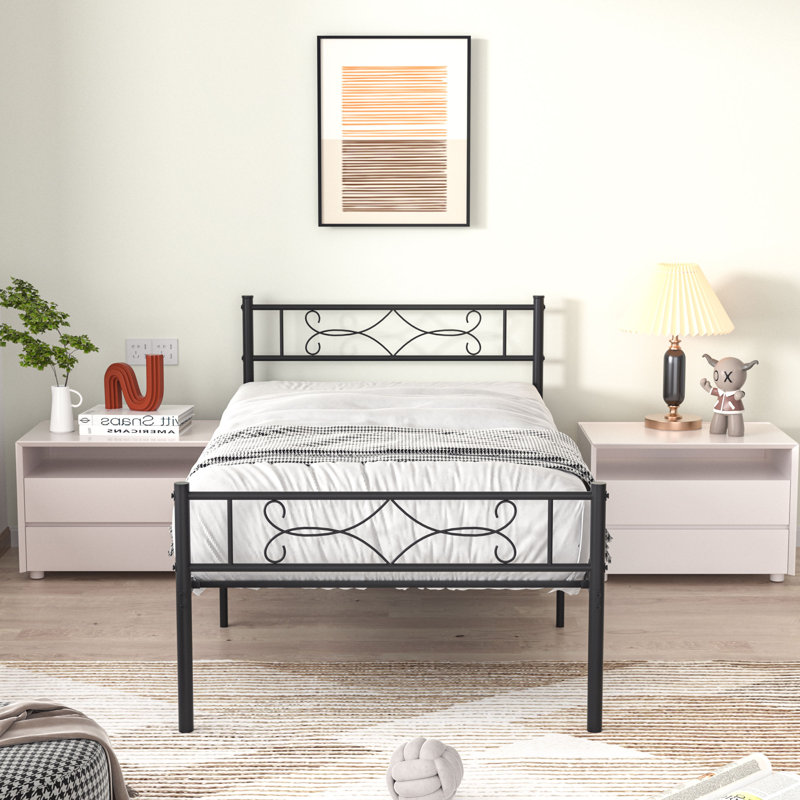 Amberly Twin Size Set 2 Pack Metal Bed with Patterned Headboard and Legboard, Black