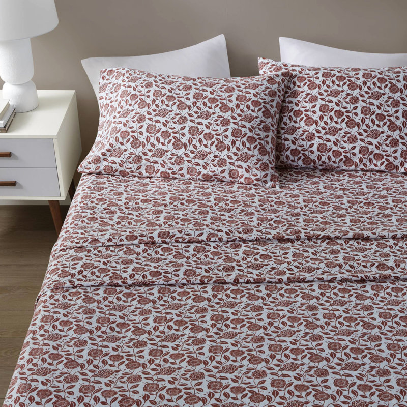 Ensemble de 4 très grand drap floral rouille, 100% flanelle de coton, dimensions luxueuses surdimensionnées pour matelas jusqu'à 18 po, douceur supérieure avec tissu brossé, drap-housse entièrement élastique, pré-rétréci, inclus
