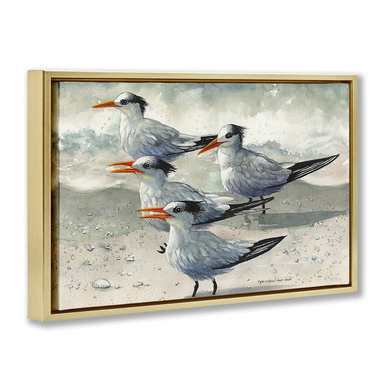 «Birds on Sandy Beach» par Christine Reichow, H 17 po x l 25 po, Cadre flottant noir de jais