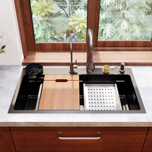 32" x 18" Drop-in Single Bowl 304 Stainless Steel Polished Black Kitchen Sink Workstation with Accessories