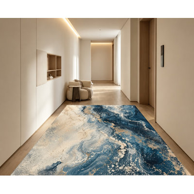 Tapis en velours antidérapant lavable à la machine, motif abstrait marbré bleu et or, idéal pour le salon, la chambre à coucher, la salle à manger, le bureau, le corridor ou l'entrée.