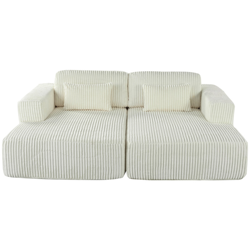 Corduroy Double Sofa Bed With 2 Pillows, For Living Rooms, Apartments, Offices, White Polyester