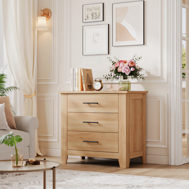 Commode à 3 tiroirs de style ferme pour chambre à coucher, commode compacte en bois avec pattes robustes et poignées en métal – Couleur bois naturel