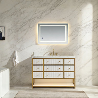 Meuble-lavabo de luxe 48 po avec comptoir en pierre d'ingénierie, lavabo encastré, tablette à DEL et 8 tiroirs à fermeture en douceur - armoire noire ou blanche avec accents dorés