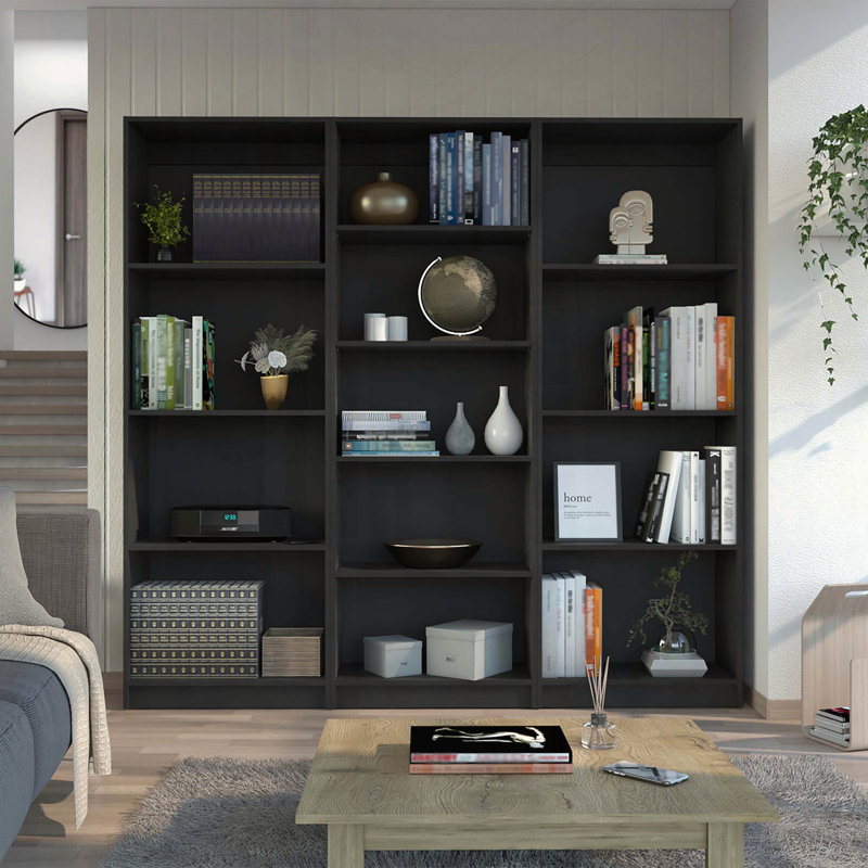 Ensemble de bibliothèque 3 pièces avec 13 tablettes, 11.7" H x 74.1" W x 71.1" D, Black