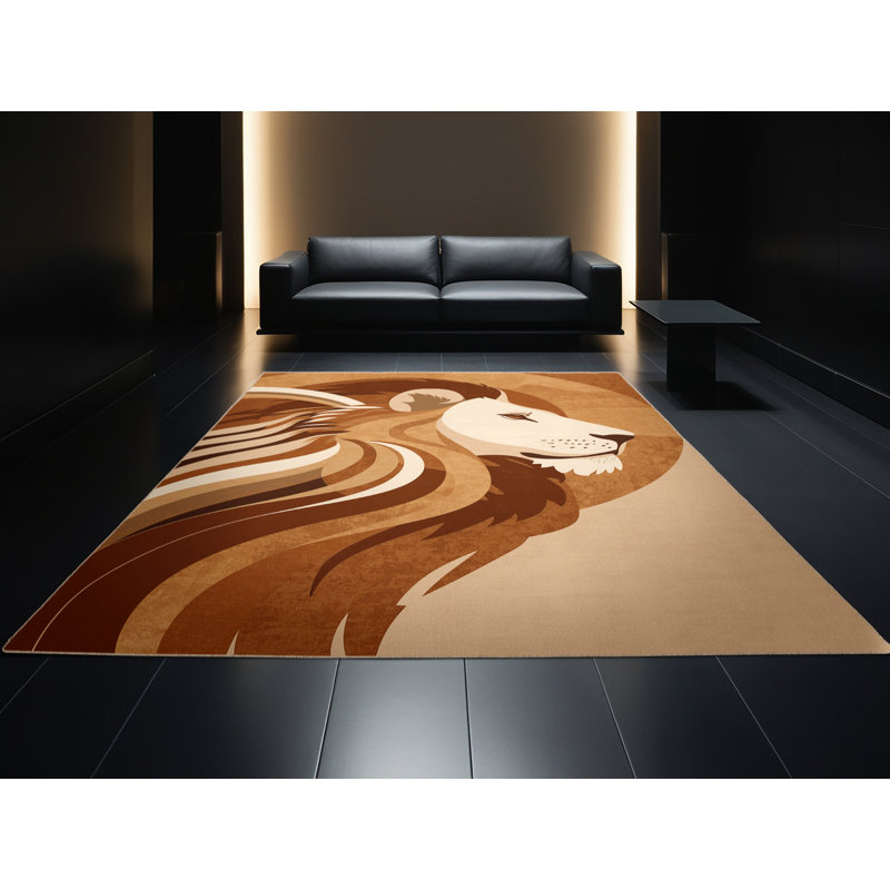 Machine Washable Osazee Lion Modern Arc Rug in Brown – Beige Binding, 7 x 10
