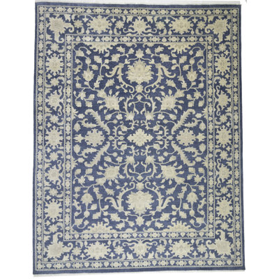 Elanaz Muted Slate Blue Floral Wool Oriental Area Rug
