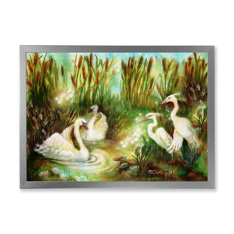 Paire de cygnes et de grues - reproduction sur toile, H 30 po x l 40 po x P 1,5 po, Cadre de coin argenté fermé