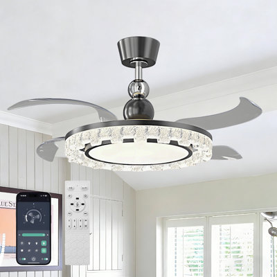 42" Modern Retractable Ceiling Fan with LED Lights, Invisible Blades, Remote & APP Control, 3-Color Dimmable Ceiling Fan for Living Room Bedroom
