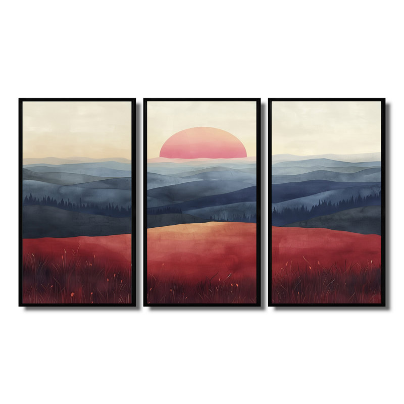 «Red Blue Abstract Sunset Mountain Landscape I», ensemble de reproductions d'art mural, Toile avec cadre flottant noir