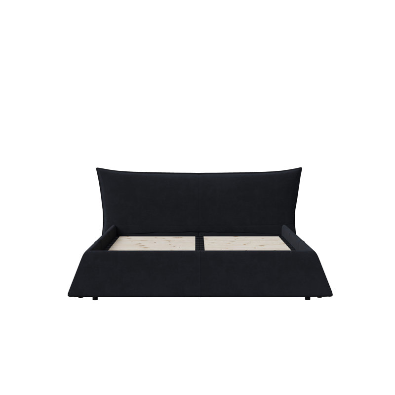 Upholstered Platform Bed With Special Shaped Velvet  Headboard Metal & Solid Wood Frame, Black, King