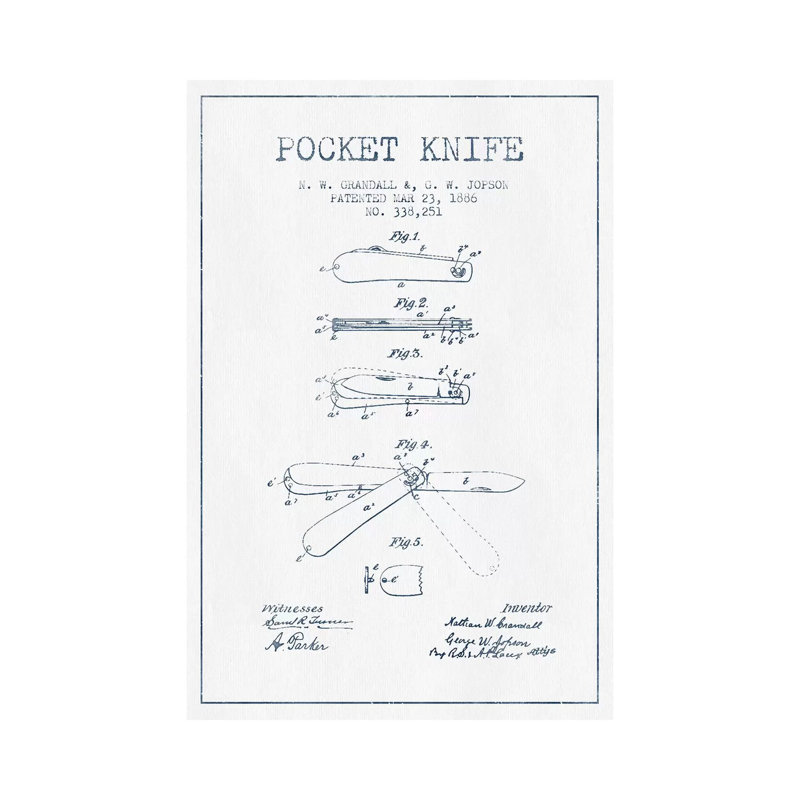 N.W. Grandall And G.W. Jopson Pocket Knife Patent Sketch (Ink) by Aged Pixel - Wrapped Canvas Print, 20.32 cm H x 30.48 cm W