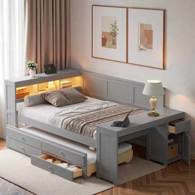 Modern Daybed With Storage Shelves, Drawers, Trundle, Charging Station, Led Light, Desk And Cabinet