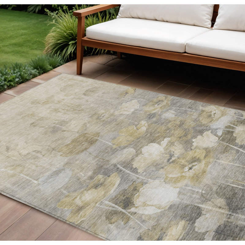Tapis taupe intérieur / extérieur floral 9 'X 12'