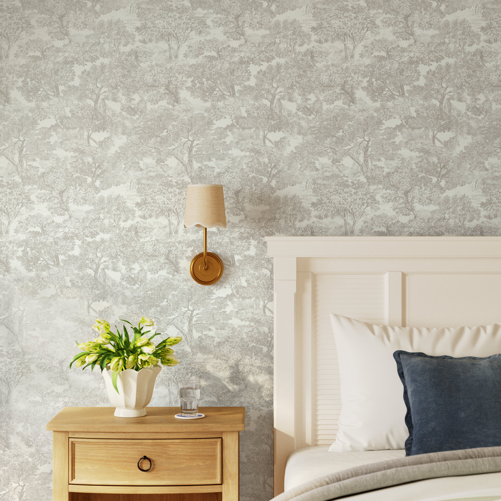 Toile Wallpaper Roll, Gray