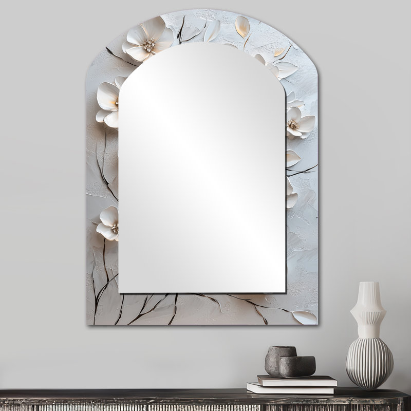 White Blooming Lilac Melody III - Petunias Asymmetrical Mirror, White Arch Unique Wall Mirror, Printed Metal Art, 34" x 25"