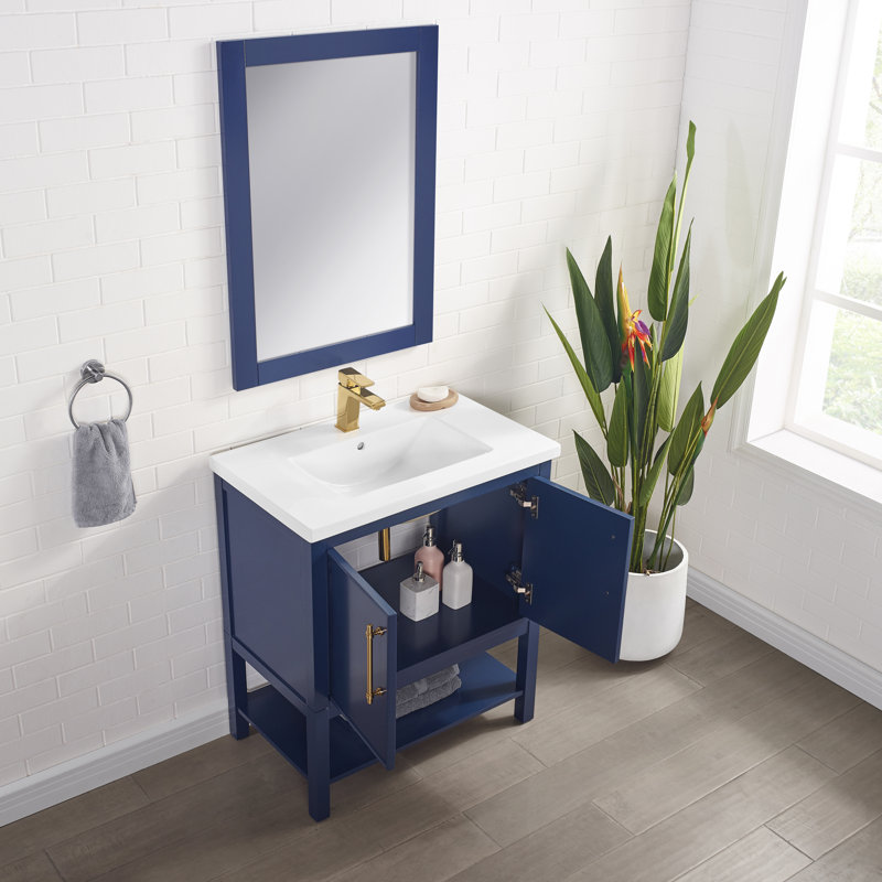 Jewell 30'' Single Bathroom Vanity with Ceramic Top, Navy Blue/Antique Brass