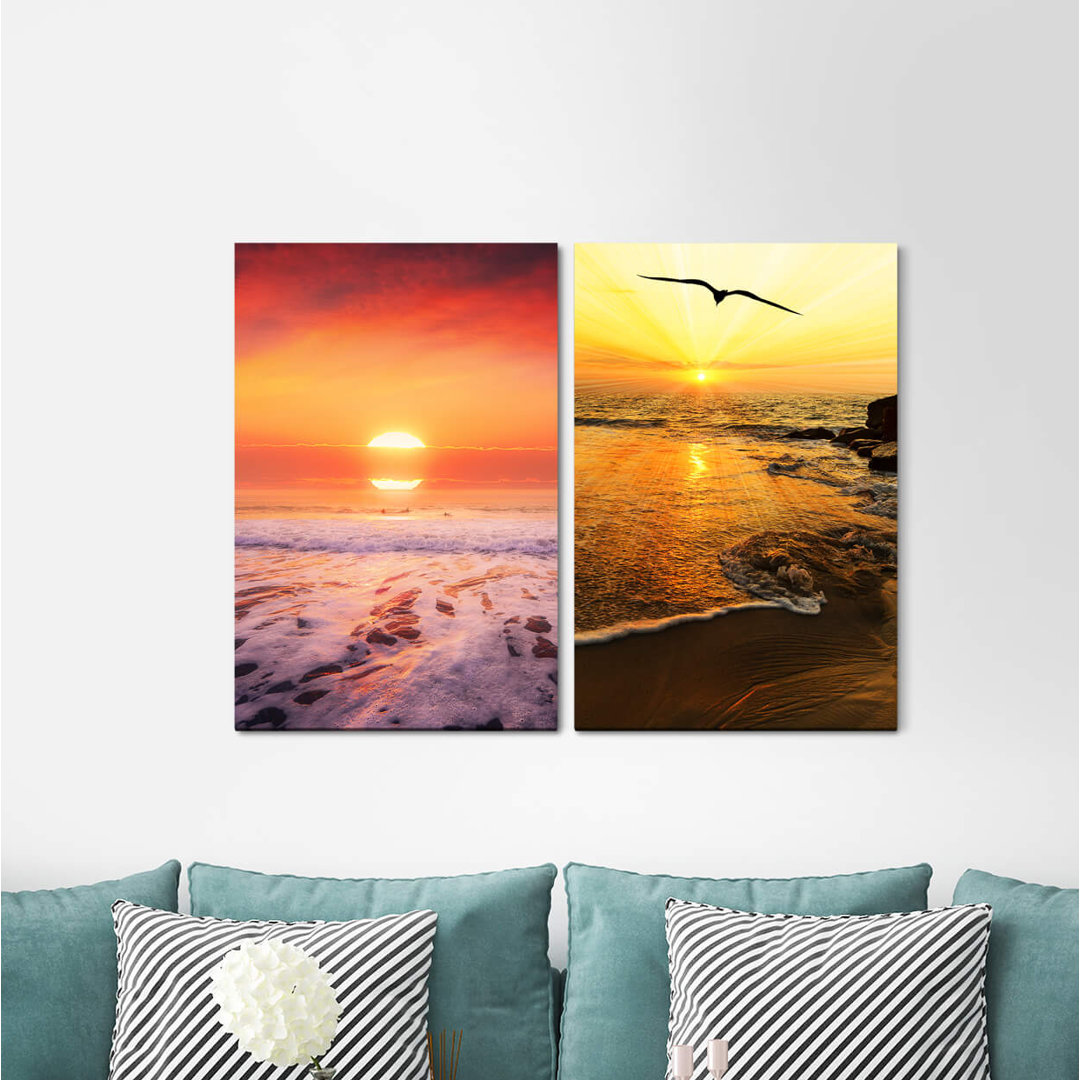 2-tlg. Leinwandbilder-Set - Fotografie „Sun Sea Seagull Sunset Evening Glow Waves Freedom”