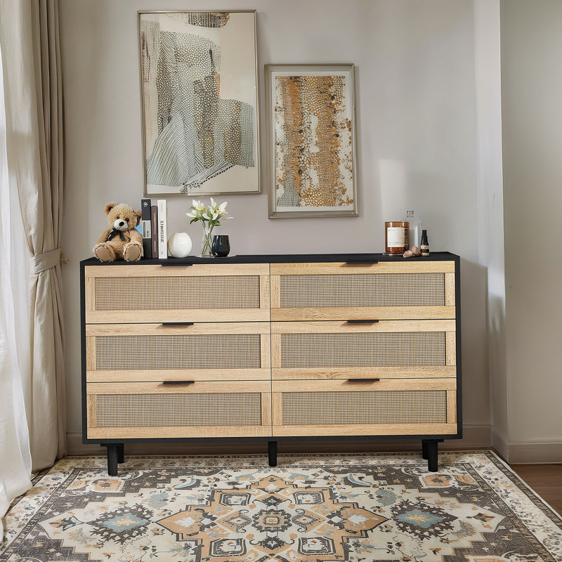 Tiroir 51,18 "à 6 tiroirs avec rangement en rotin, pour chambre à coucher, salon, noir, Noir 1, 29.53"H x 51.18"W x 15.75"D