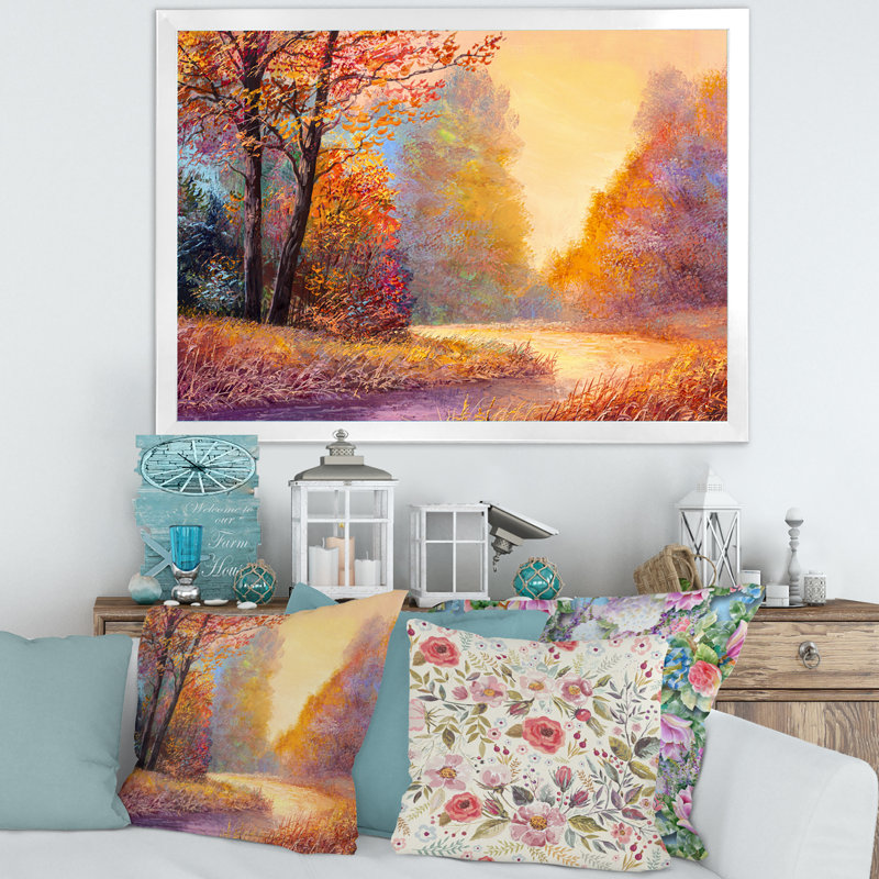 Sentier dans la forêt d'automne, paysage de feuilles orange - reproduction de maison de lac, H 12 po x l 20 po x P 1,5 po