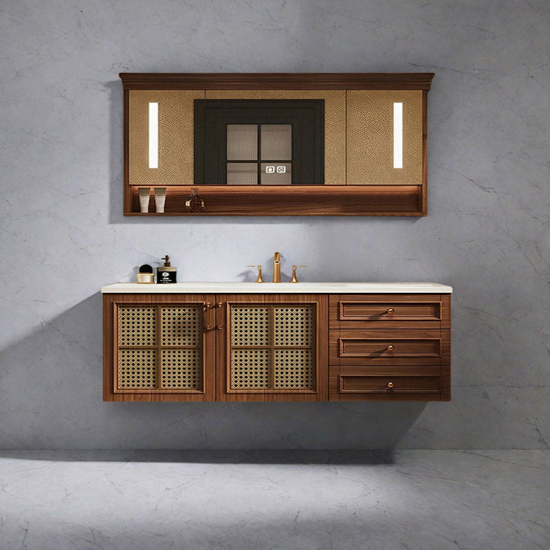 Armoire de salle de bain en rotin de style rétro, H 21,65 po x l 59,05 po x P 21,65 po
