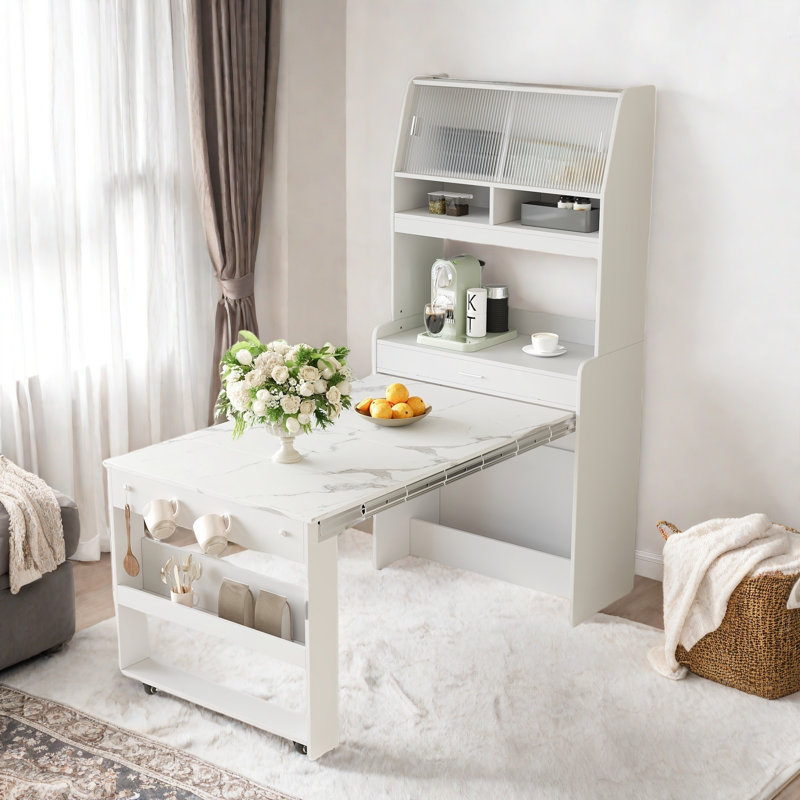 Buffet With Hutch And Foldable Dining Table, Storage Shelves, Side Hooks And A Cabinet With Sliding Doors