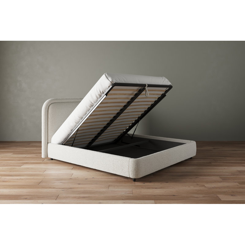 Modern Upholstered Lift-Up Storage Bed with Curved Headboard, Low Profile Platform, Queen, Boucle