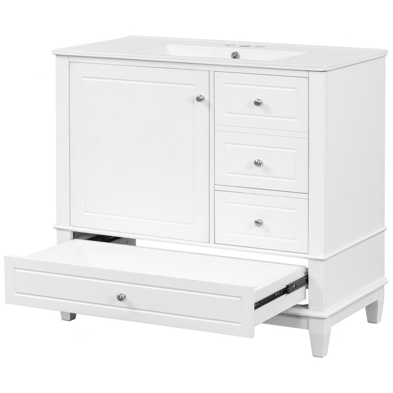 Meuble-lavabo sur pied 36 po avec lavabo en céramique, panneau de fibres à densité moyenne et base en bois massif, 3 tiroirs et armoire avec tablettes, finition peinte en blanc, meuble-lavabo autoportant avec trous de robinet de 4 po