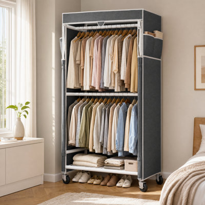 Organisateur de placard autoportant de 203 cm de haut avec housse, portant à vêtements en métal avec barre de suspension réglable, 4 roues et poches de rangement latérales pour chambre, dortoir, entrée.