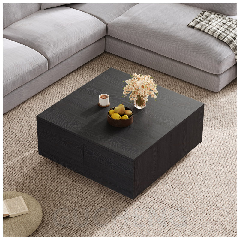 Table basse carrée avec 4 tiroirs, rangement spacieux, finition classique et fabrication en bois robuste pour les salons modernes