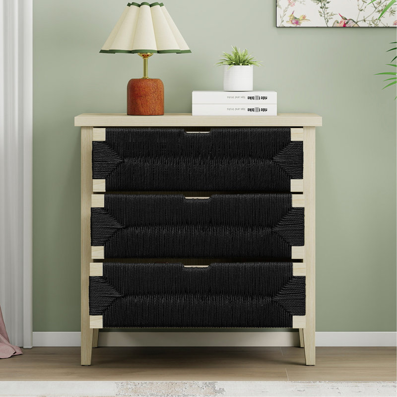 Buffet à 3 tiroirs en corde tissée à la main avec tablettes réglables pour le salon, style moderne, ton principal naturel, panneau de particules et matériau, poignées de buffet imperméables et à finition grattée