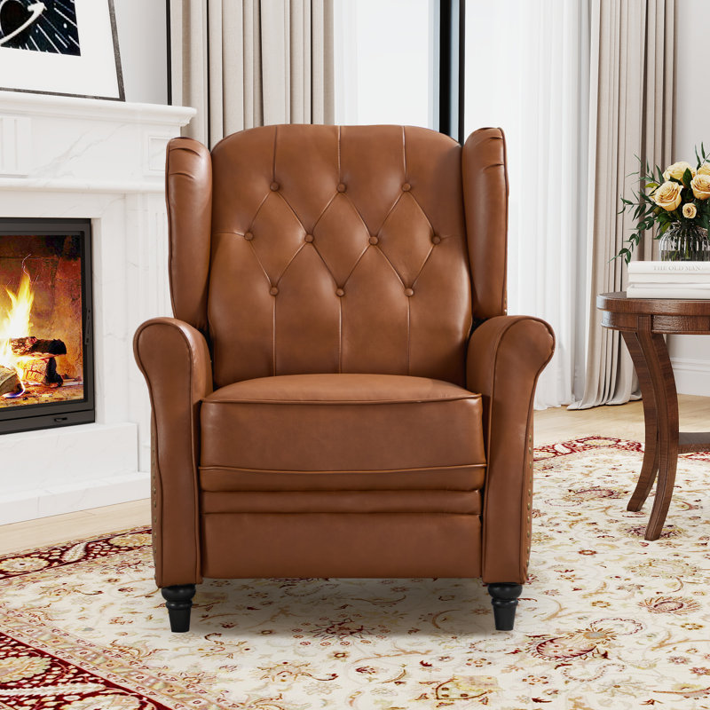 31.1" Wide Classic Top Grain Leather Push Back Recliner With Wingback Design, Vintage Cognac