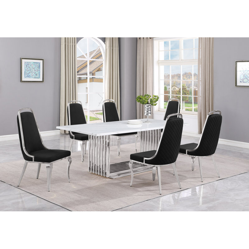 Ensemble de salle à manger rectangulaire L 79 po x l 40 po Kenne, 7, Noir / argent, Argent