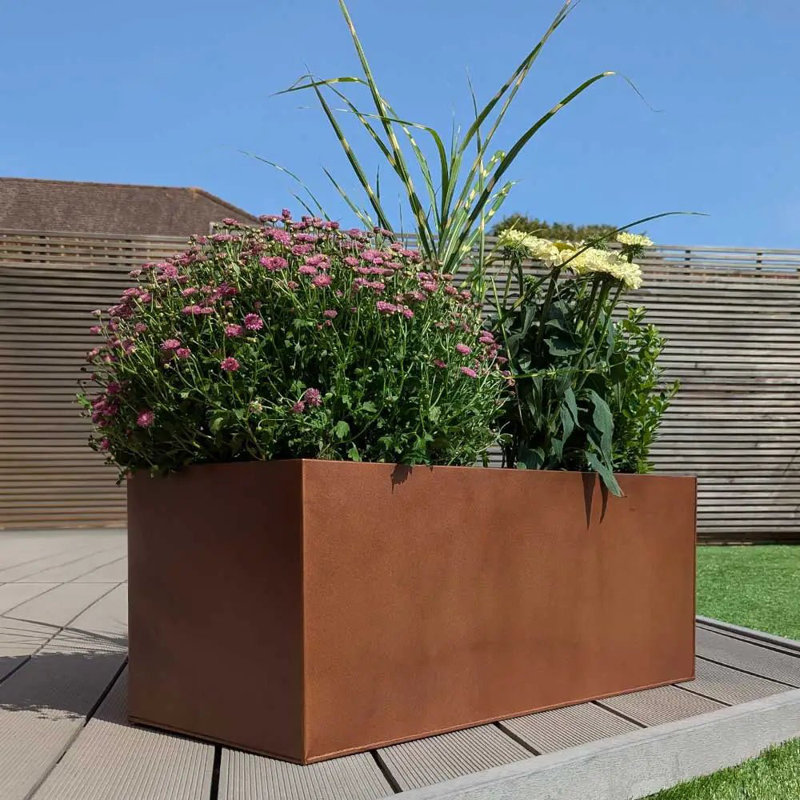 Reny Galvanised Zinc Trough Planter, Brown, 40cm H x 100cm W x 40cm D