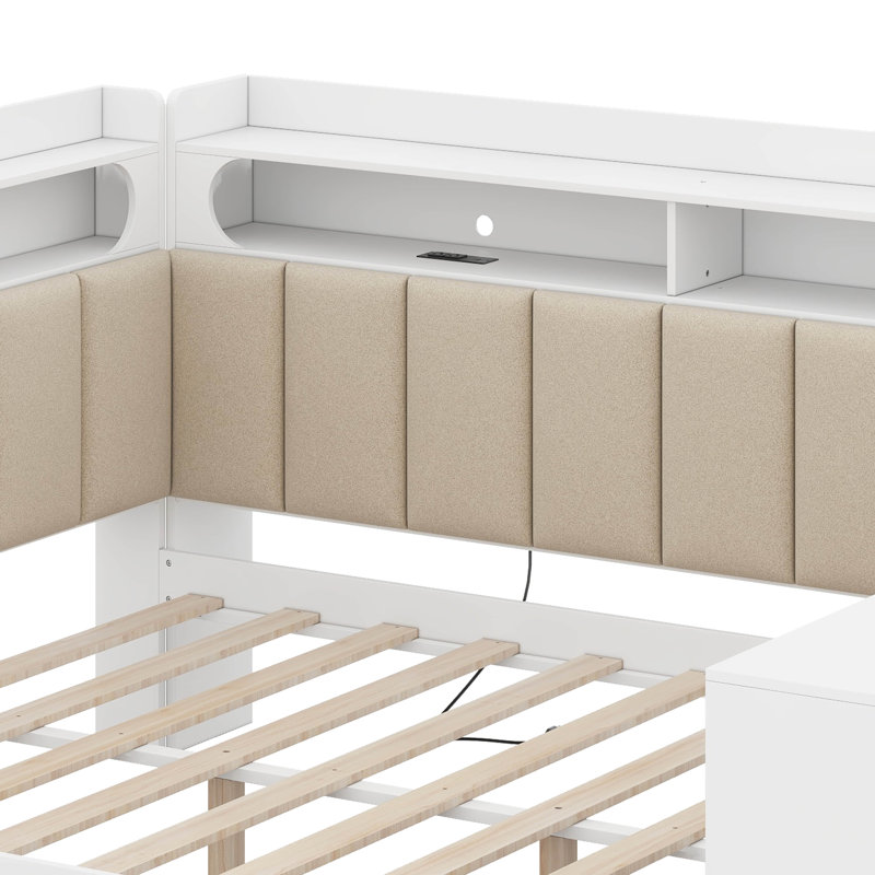 Lit de jour double avec tiroirs de rangement et bureau, lit d'angle en forme de L avec bibliothèque à DEL, Blanc