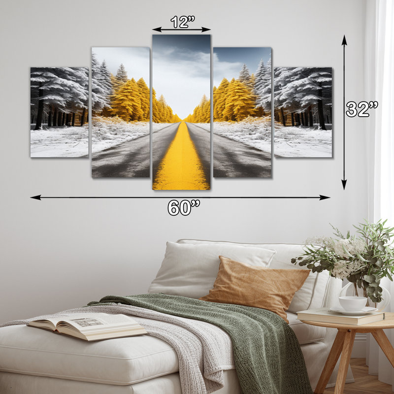 Route à travers la forêt blanche jaune I - Paysages, art mural, salon - 5 panneaux