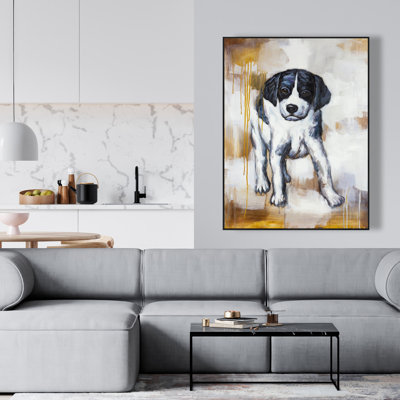 Curious puppy dog - Gold framed canvas for home decor
