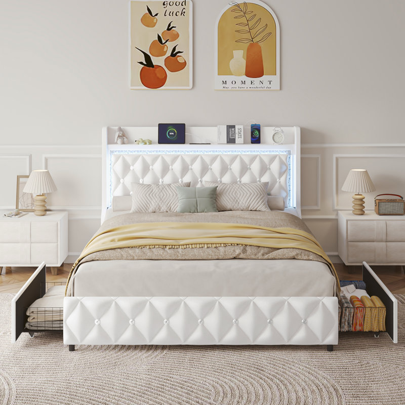 Floating Full Bed Frame With LED Light, Upholstered PU Leather Platform Full Bed With Charging Station & Wingback, Diamond Tufted Storage Headboard & Footboard, No Box Spring Needed