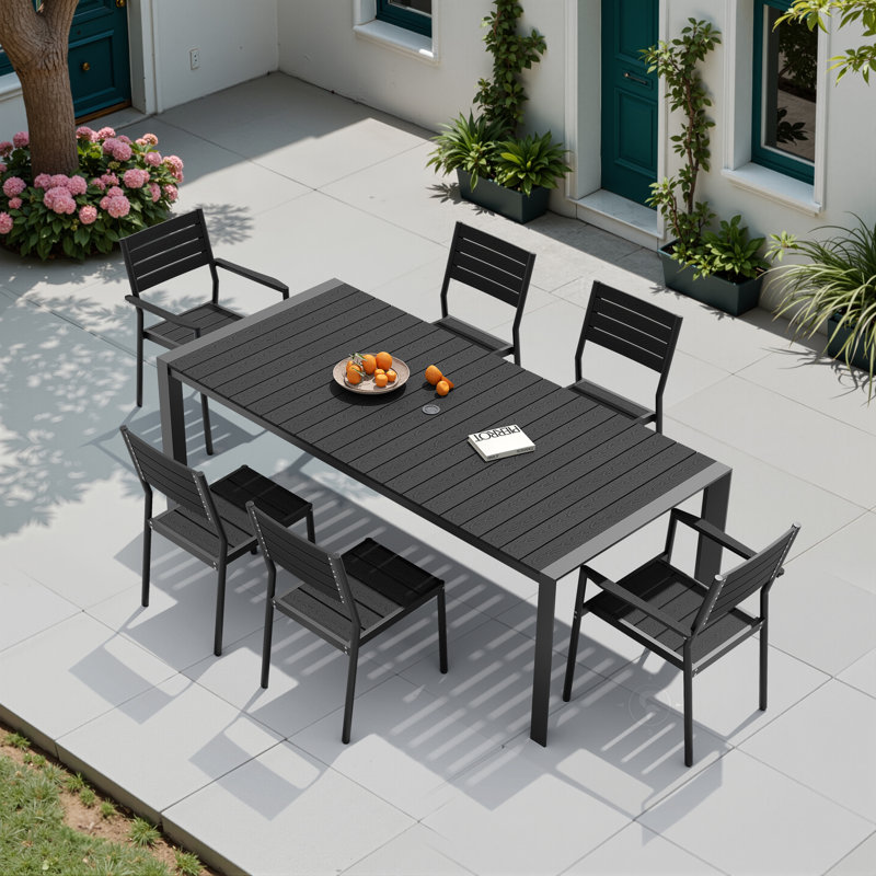 Ensemble de salle à manger rectangulaire en aluminium pour 6 personnes avec trou pour parasol, chaises empilables et sans accoudoirs