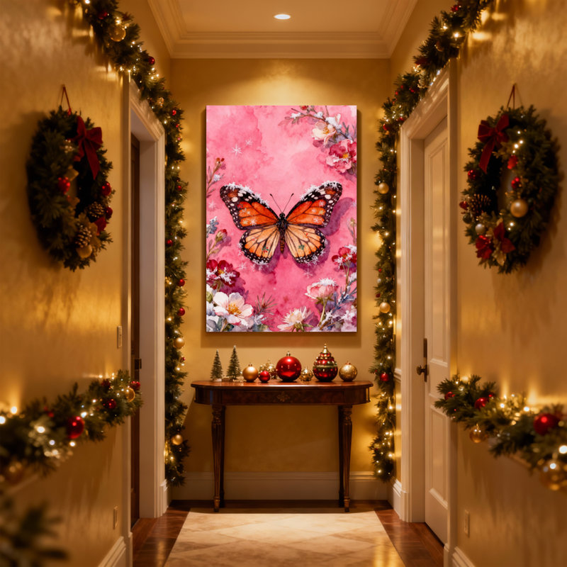 Papillon de Noël floral rose, aquarelle, ensemble de 3 reproductions d'art sur toile, H 30 po x l 20 po