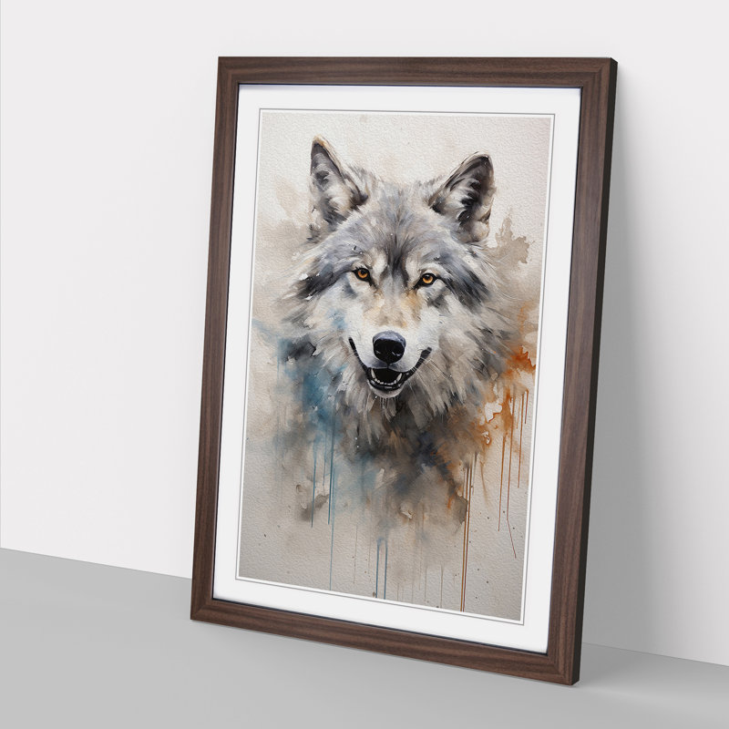 Wolf Gestural No.2 - Single Picture Frame Print on Wood, 34cm H x 25cm W x 2cm D, Walnut