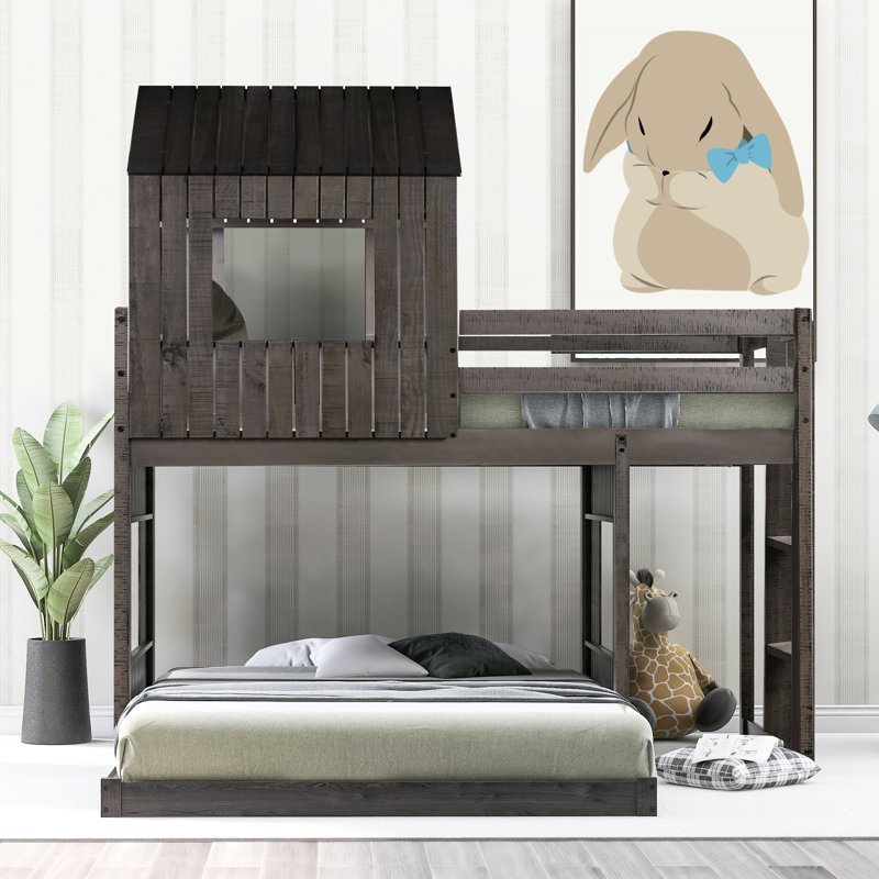 Lit superposé en bois gris antique avec maisonnette, lit simple au-dessus d'un lit double et barrières de sécurité, construction robuste en bois de pin, maisonnette de charge maximale de 400 / 600lbs en gris, taille double, construction, capacité de 400lbs / 600lbs