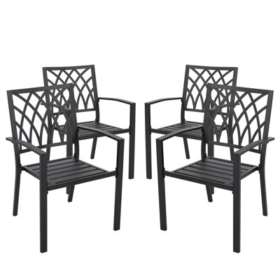 Outdoor Patio Chair Of 4 Bistro Or Dining Chairs, Powder-coated Finish And Iron Frame, Lattice Pattern, For Backyard, Black