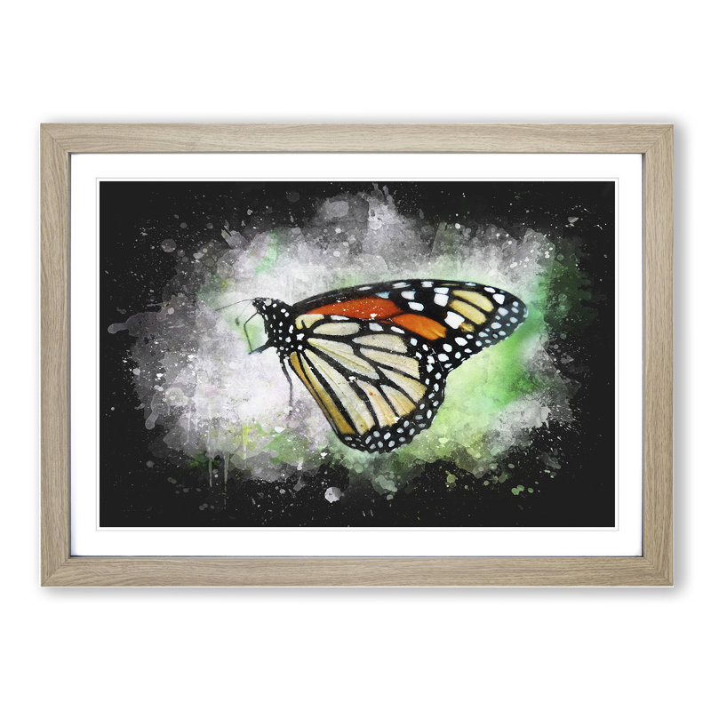 Monarch Butterfly Paint Splash - Picture Frame Graphic Art, 65cm H x 90cm W x 2cm D, Oak Framed