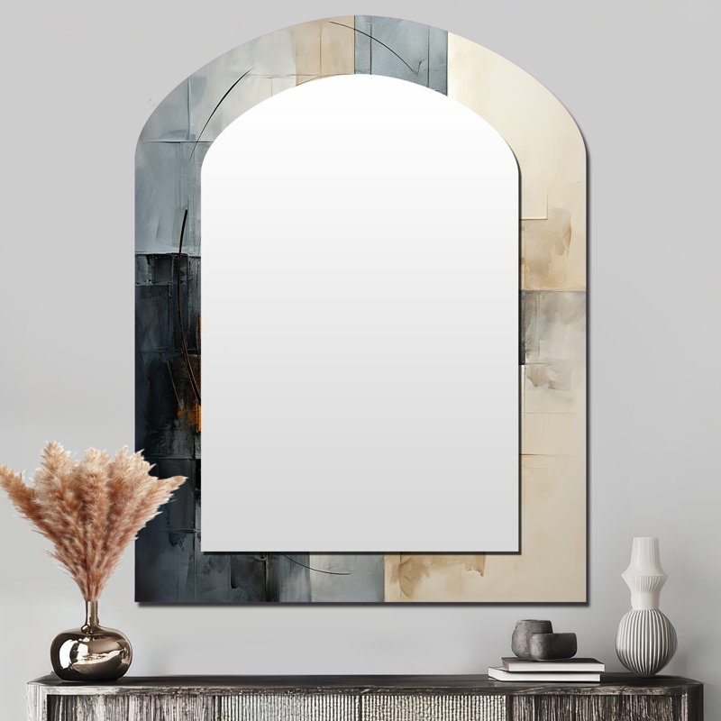 Miroir mural arqué gris doré et géométrie VI, 43 po x 33 po