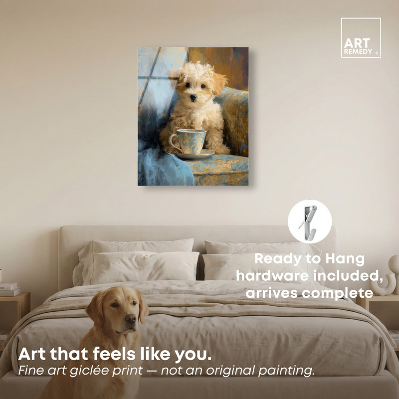 Décoration murale pour salle de bain Coffee Pup II par Art Remedy, prête à être suspendue, 24 x 30, 24"H x 30"W