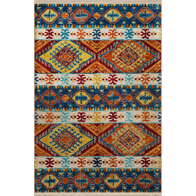 Tapis bleu en polypropylène à imprimé numérique Yary, Tapis de couloir 2 pi 8 po x 6 pi 7 po